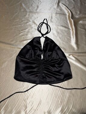 Almost Famous Black Satin Ruched Halter Crop Top Size L Y2K